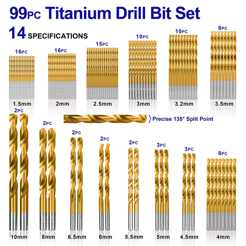 PLATINUMEDGE Metric 99 Pieces Titanium Twist Drill Bit Set, 135 Tip High Speed Steel, Size from 1.5mm up to 10mm, Ideal Drilling in Wood/Cast Iron/Aluminum Alloy/Plastic/Fiberglass, with Hard Storage - Image 2